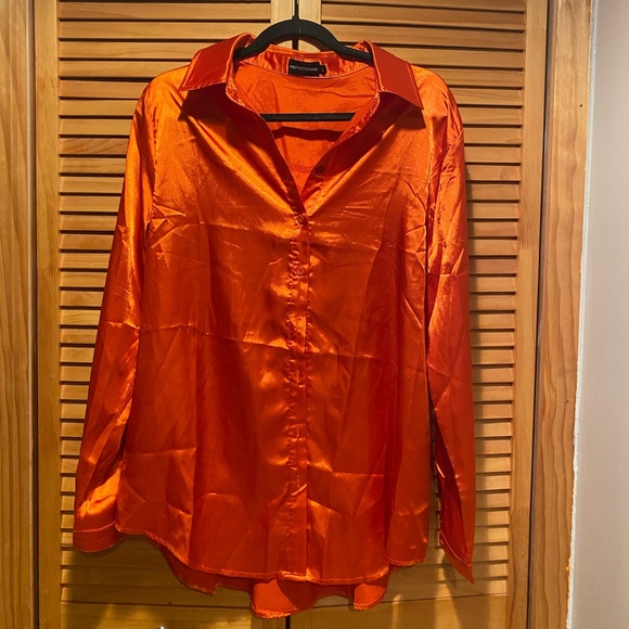 Orange Satin Button Front Shirt - Picture 4 of 6